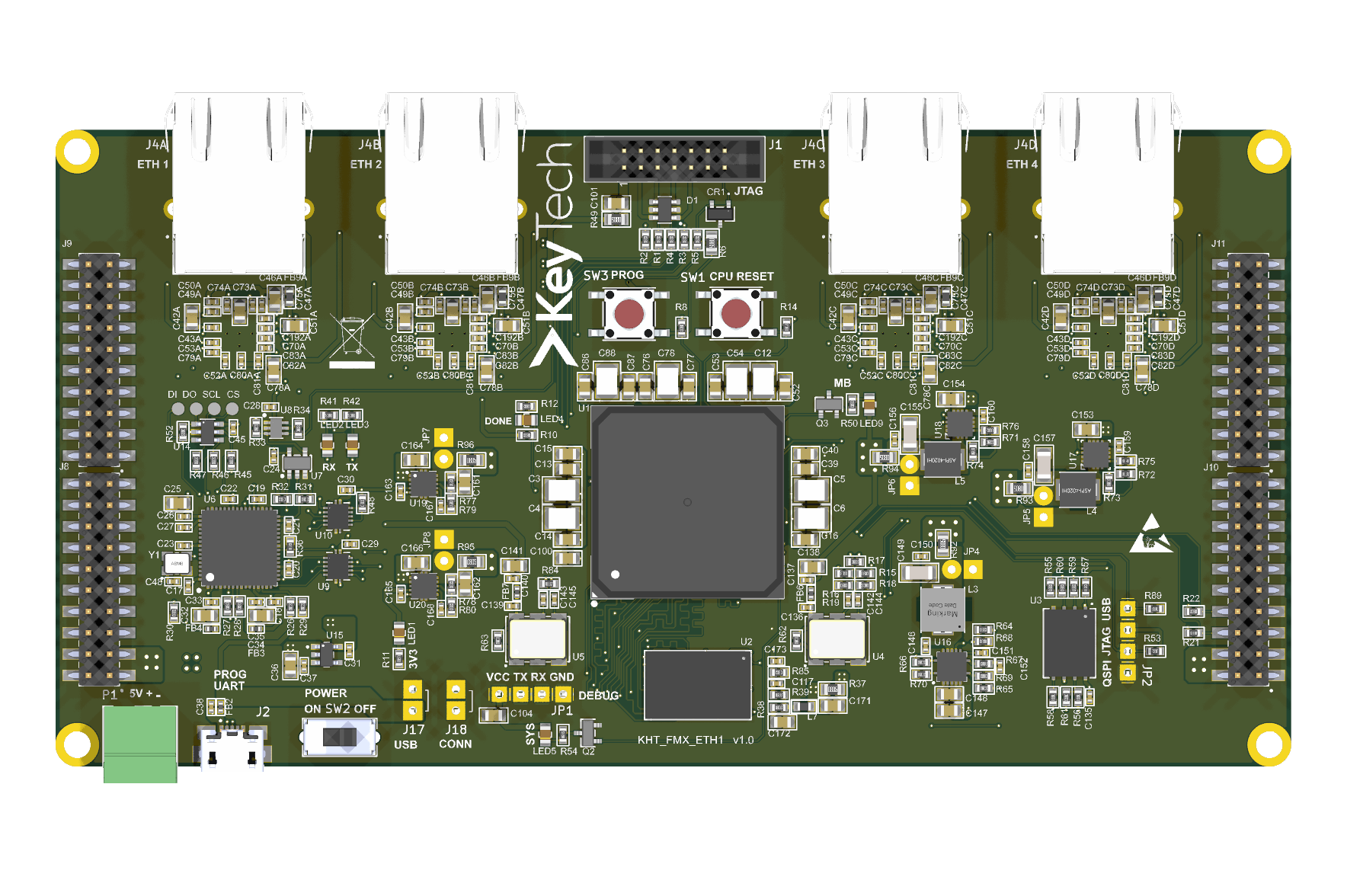 KHT_FMX_ETH1 dört ethernet portlu fpga kartı için özgün PCB tasarımından hazırlanmış 3B üst görünüm