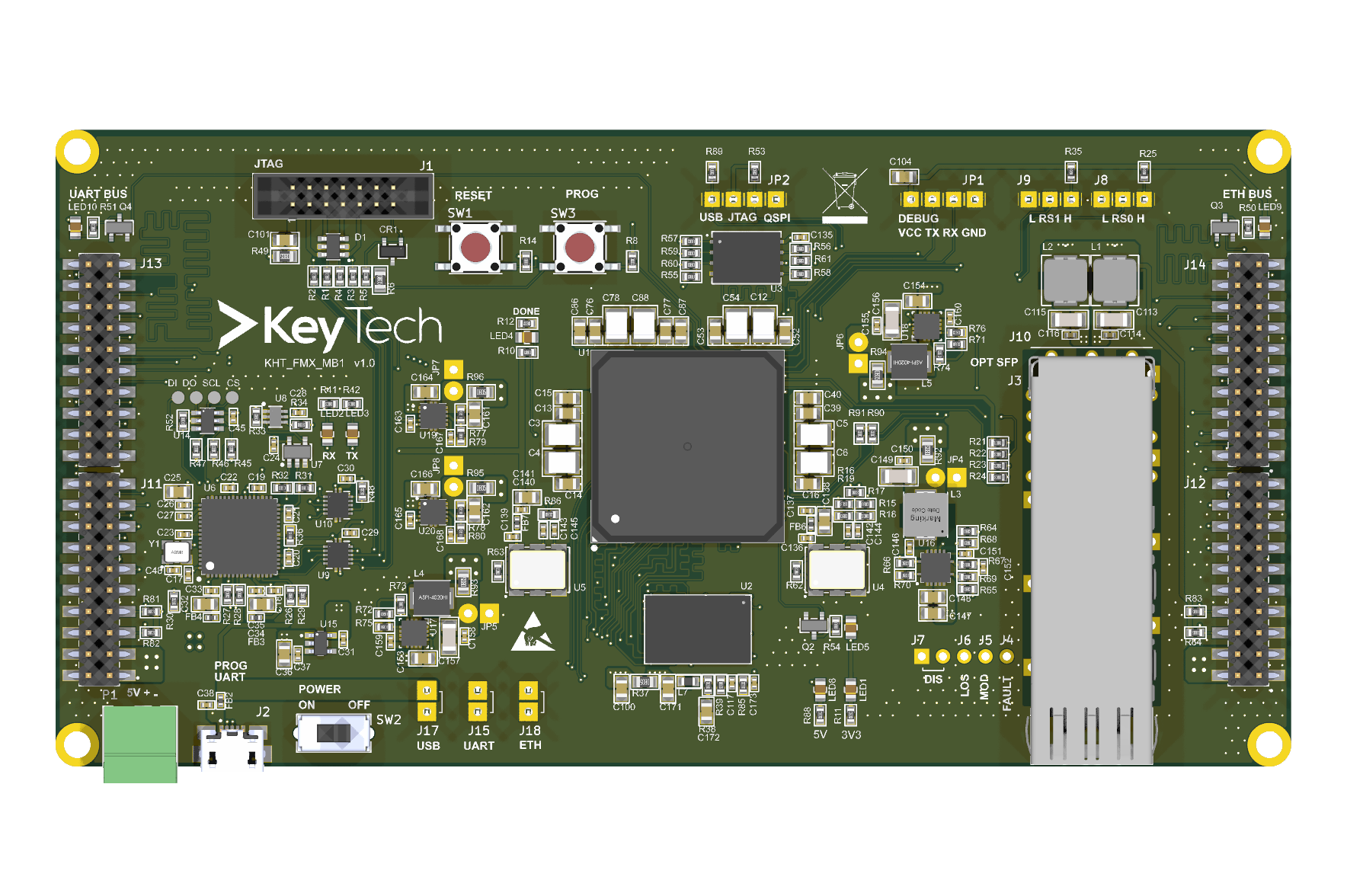 KHT_FMX_MB1 fiber optik fpga kartı için özgün PCB tasarımından hazırlanmış 3B üst görünüm